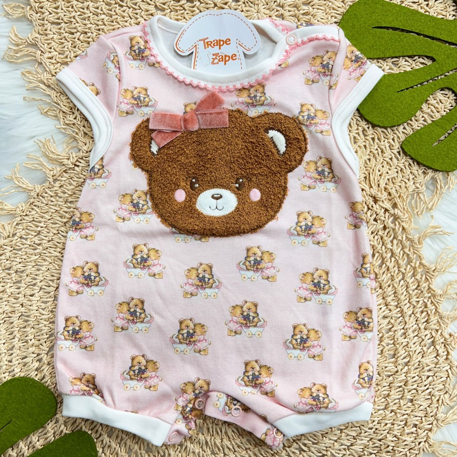  Macaquinho Curto Rosto Ursinha Peludinha - Off White e Rosa